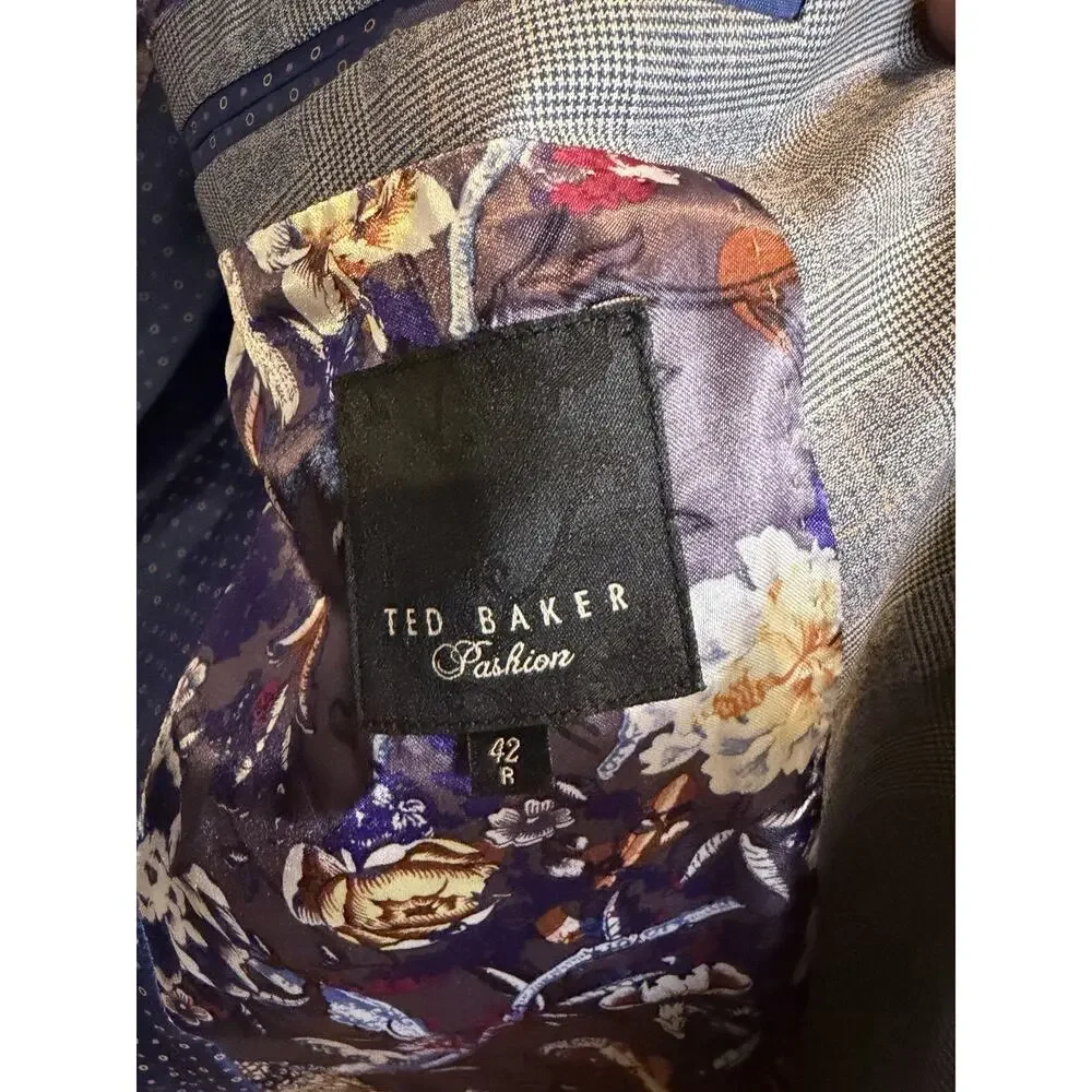 Ted Baker London Mens Blazer 42R Blue Glen Plaid Floral Lined Sport Coat